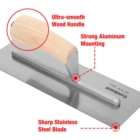 Flat blade design aids consistent applications on Goldblatt trowel