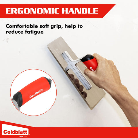 Goldblatt ergonomic handle finishing trowel reduces hand fatigue during long tasks.