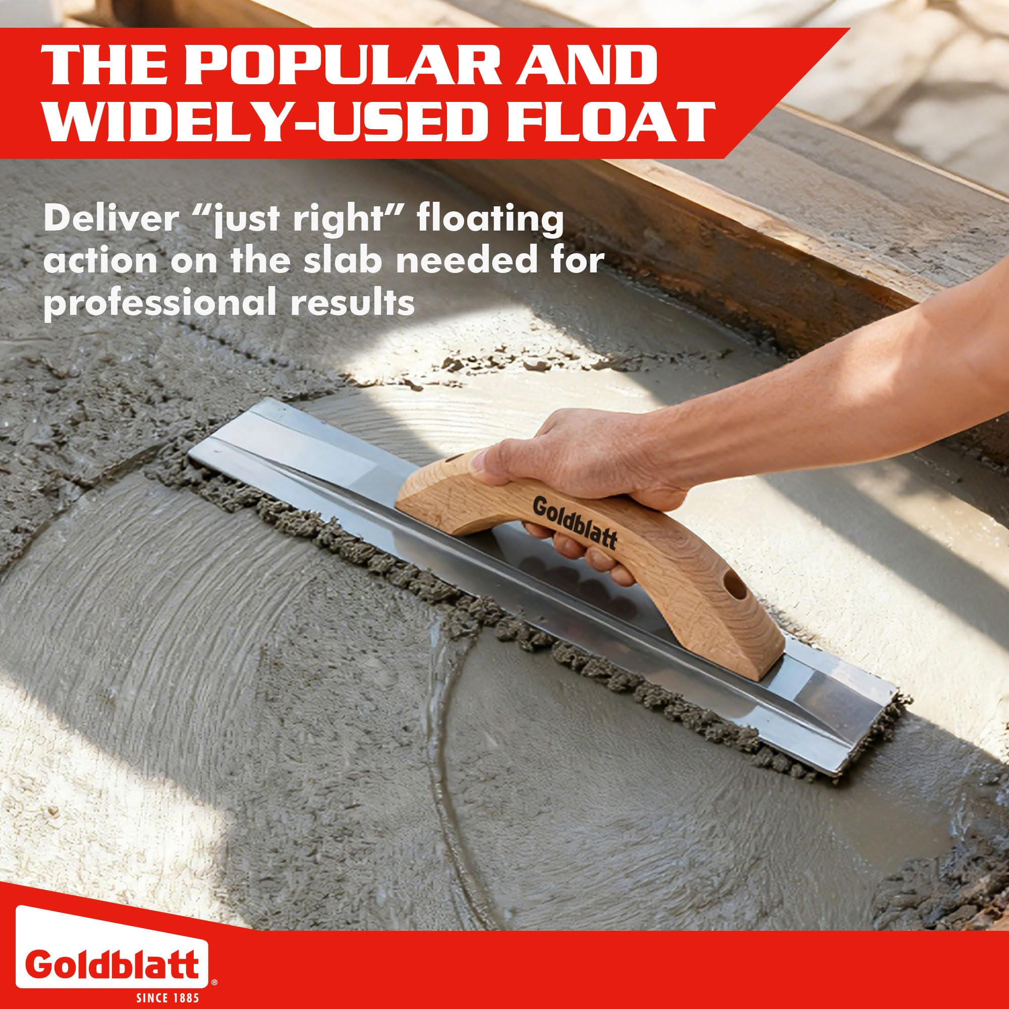 Ergonomic wood handle on Goldblatt float enhances grip and maneuverability