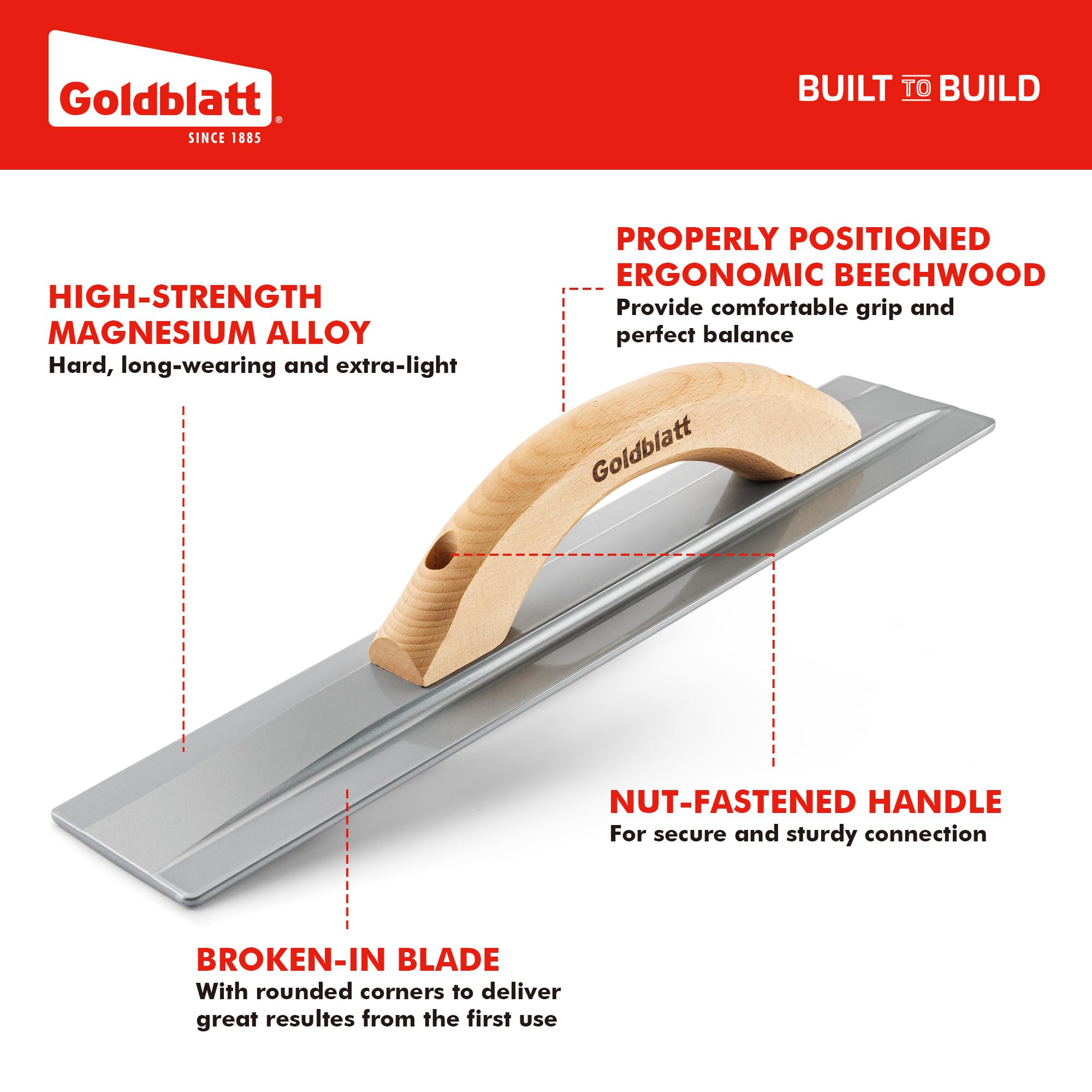 Goldblatt concrete float with wood handle reduces hand fatigue