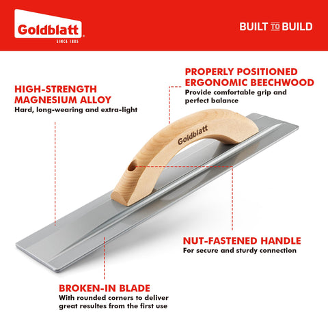 Goldblatt concrete float with wood handle reduces hand fatigue