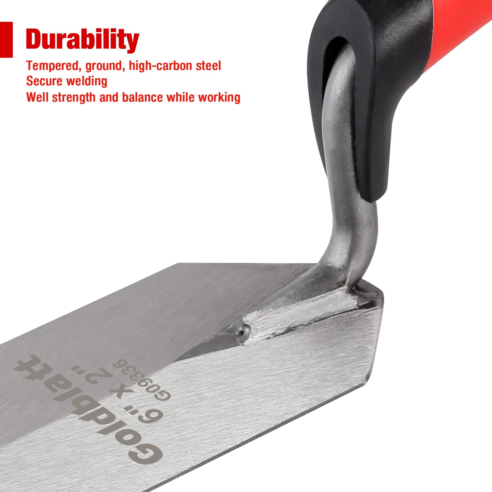 Goldblatt Margin Trowel 5x2 blade close-up for tight edges.