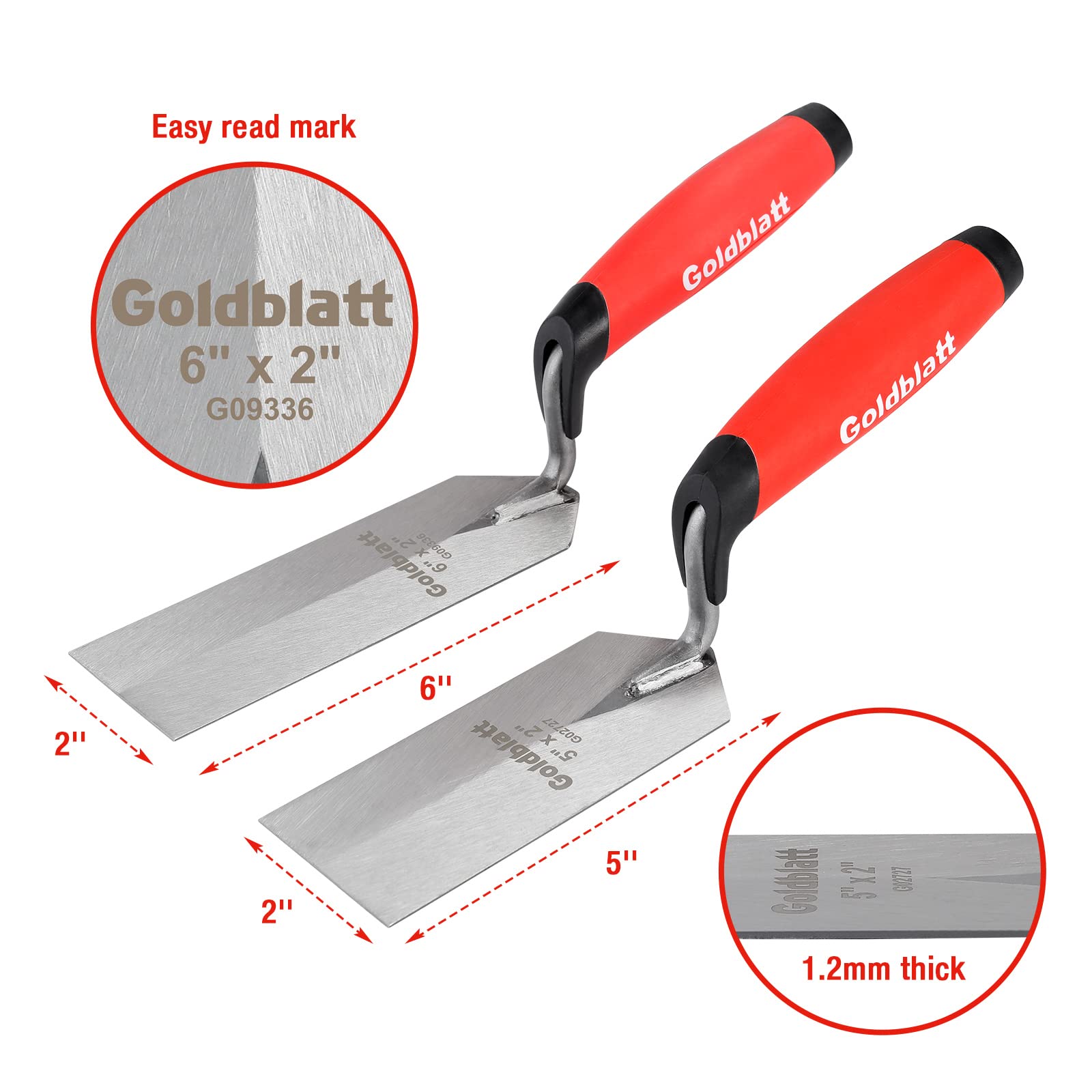 Goldblatt Margin Trowel 6x2 ergonomic handle for comfortable grip.