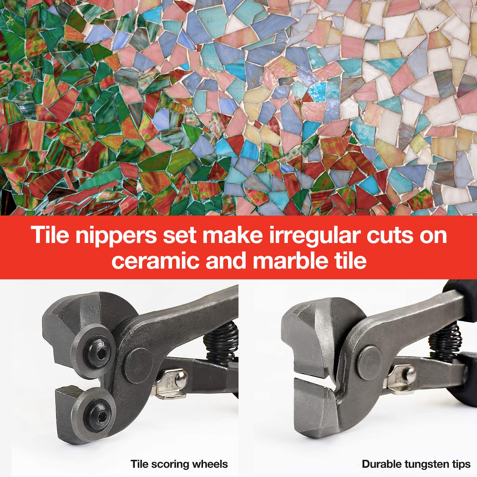 Goldblatt mosaic nippers in action for tile shaping.