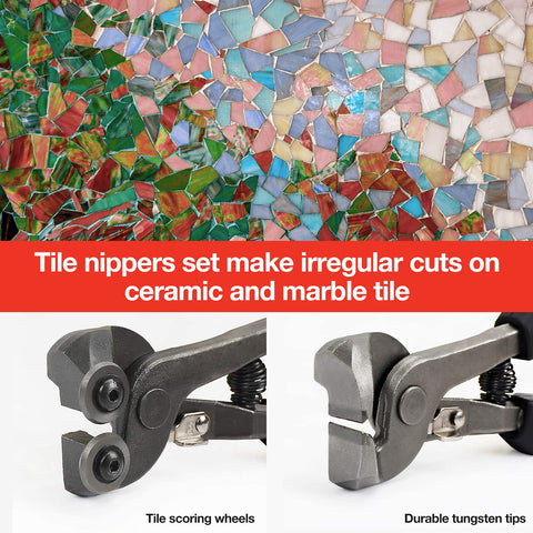 Goldblatt mosaic nippers in action for tile shaping.