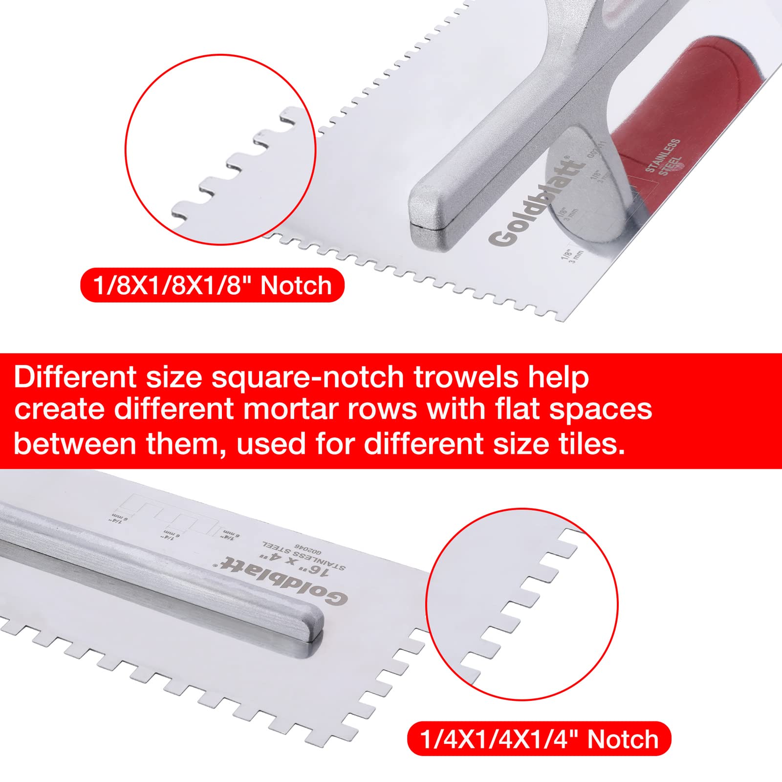 Goldblatt notch trowel with ergonomic soft-grip handle reduces hand fatigue