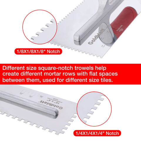 Goldblatt notch trowel with ergonomic soft-grip handle reduces hand fatigue