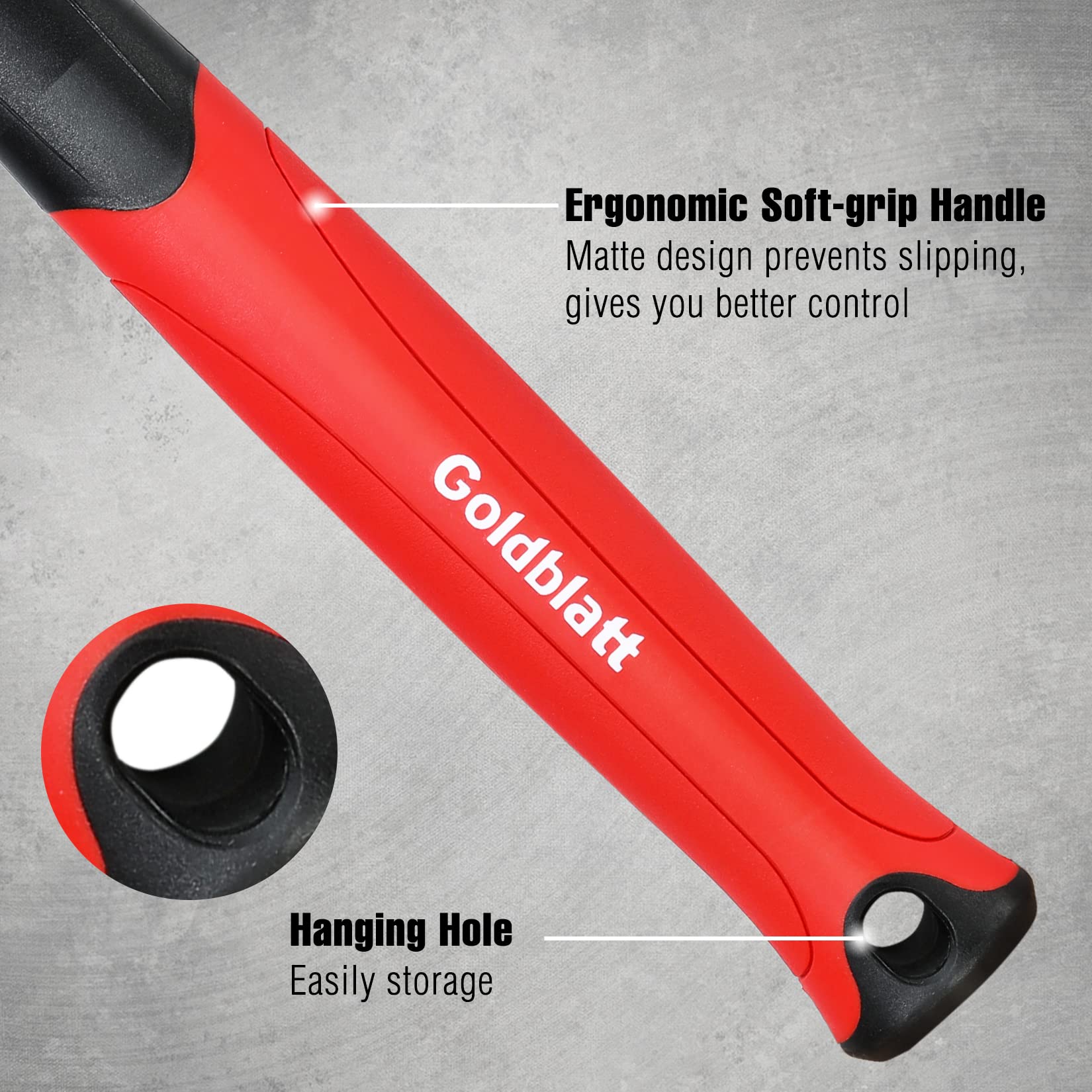 Goldblatt rubber mallet non-marking head prevents scuffs on surfaces.