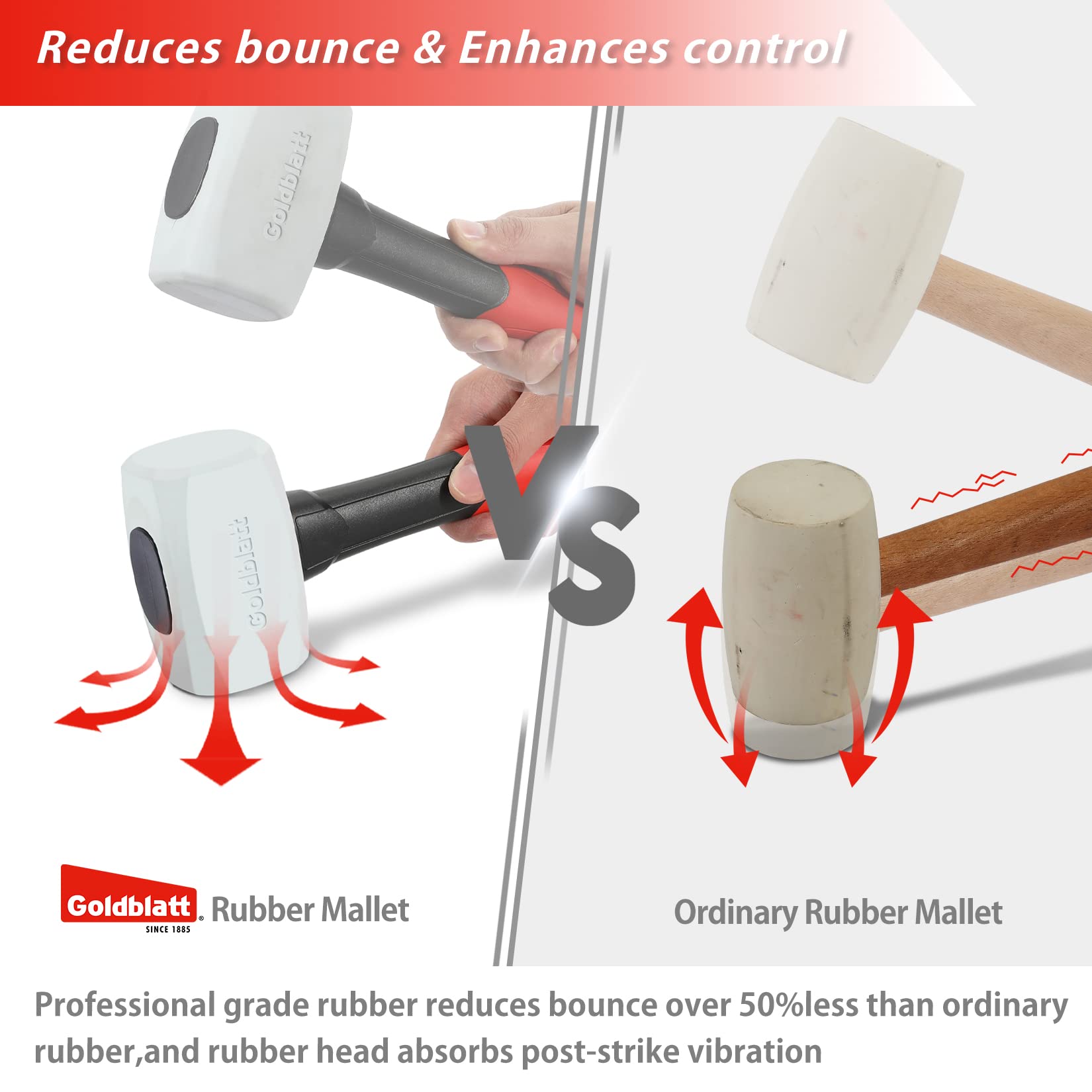 Goldblatt rubber mallet soft-grip handle provides comfort during long tasks.