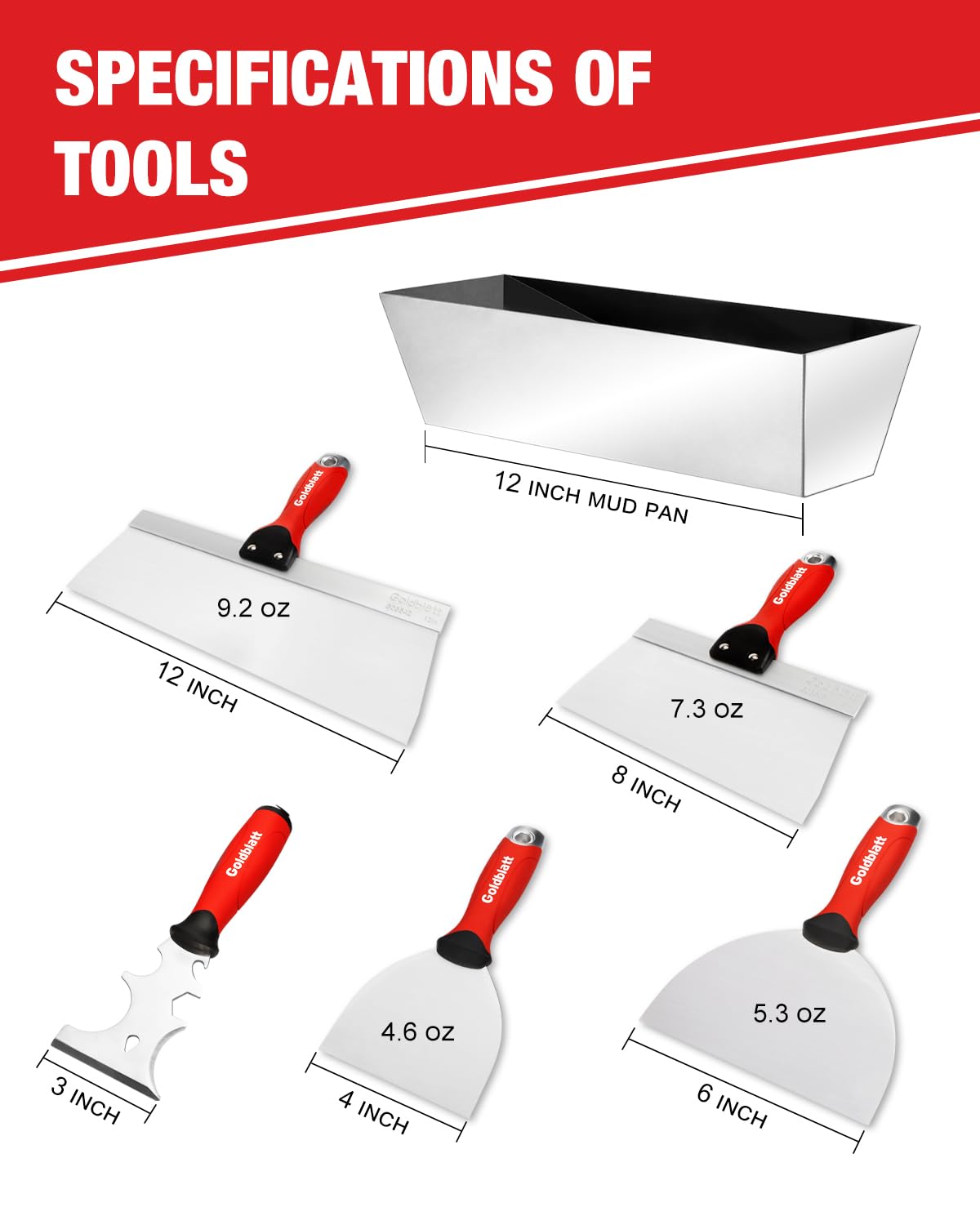 Goldblatt 12-inch taping knife delivers wide, even coats for drywall work.