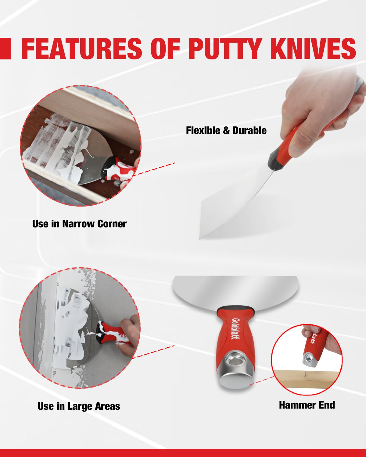Goldblatt 8-inch taping knife for clean drywall seams and smooth finishes.