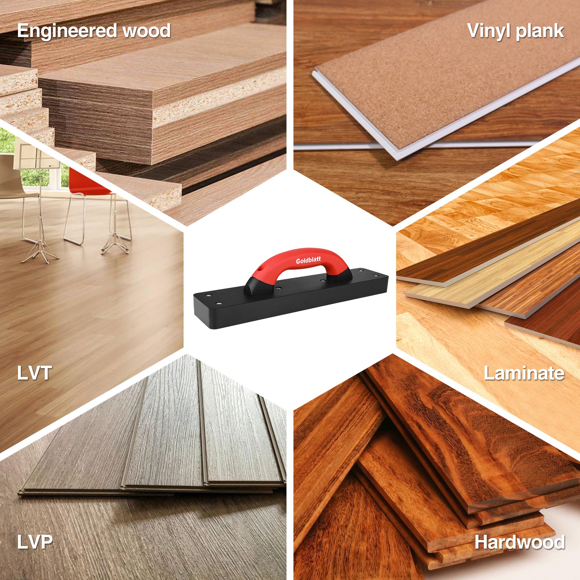 Goldblatt versatile tool suited for vinyl plank, laminate, and engineered wood flooring.