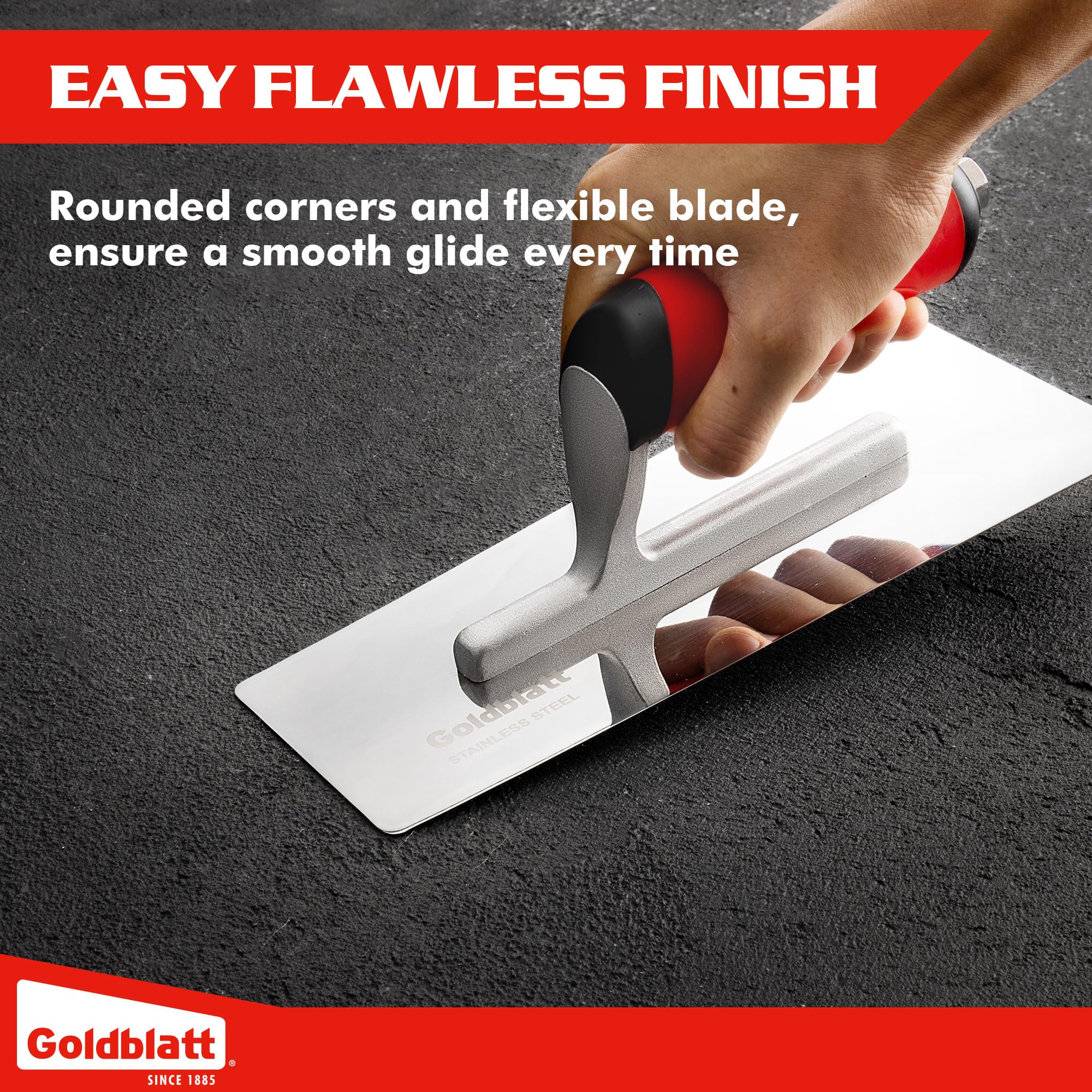 Goldblatt three-piece plastering trowel set covers large areas, corners, and curved surfaces.