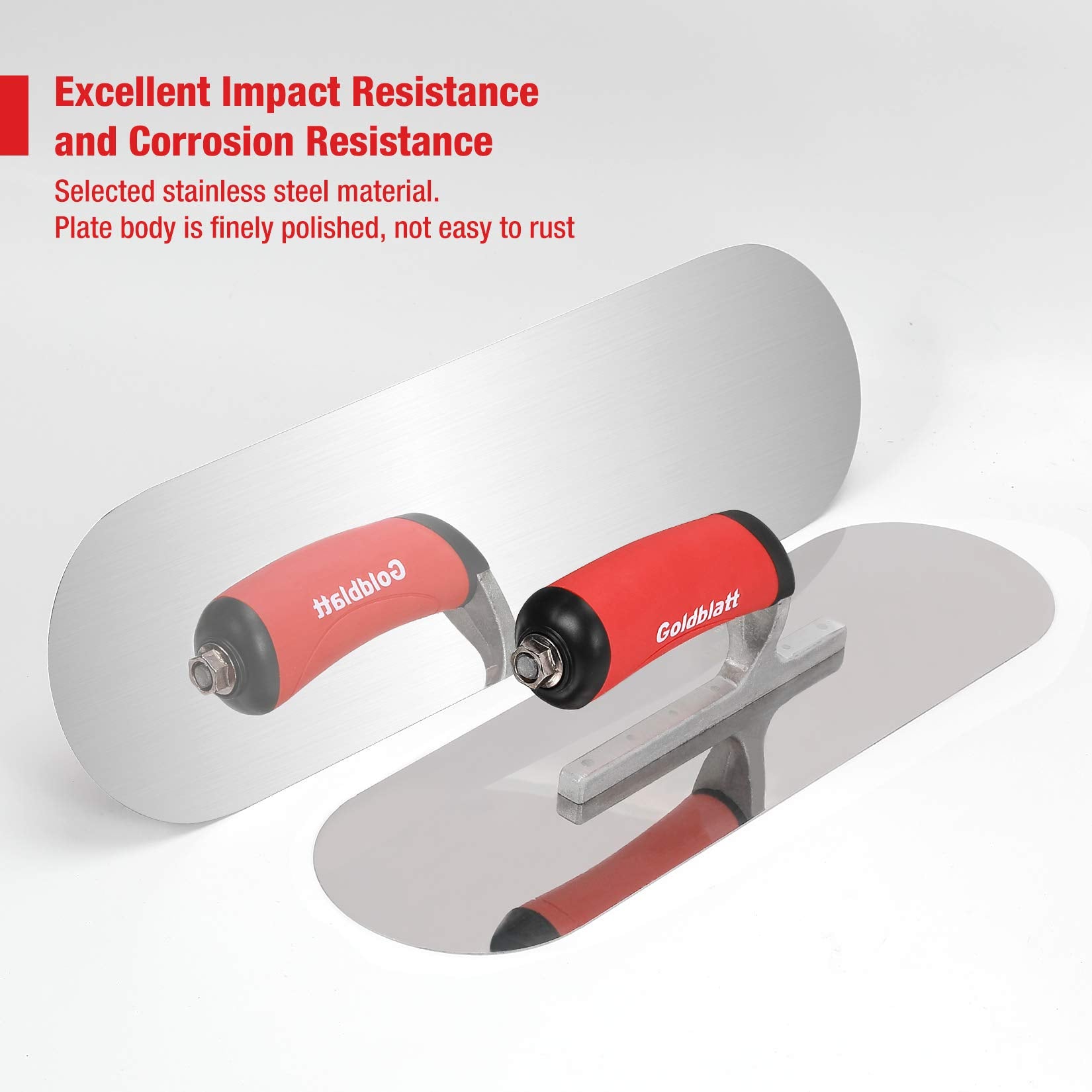 Goldblatt round-end trowel blade minimizes gouging on surfaces