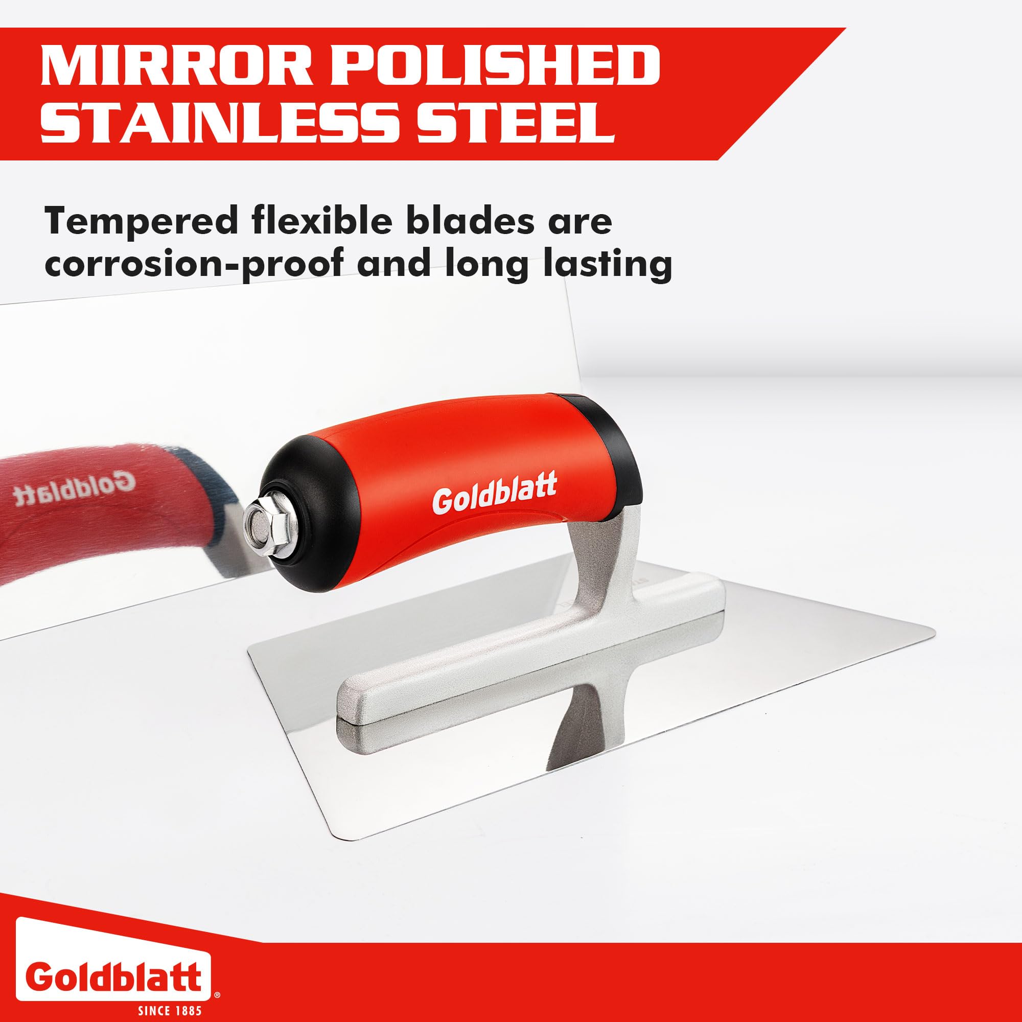 Goldblatt aluminium shank trowel delivers strong balance for extended plastering sessions.