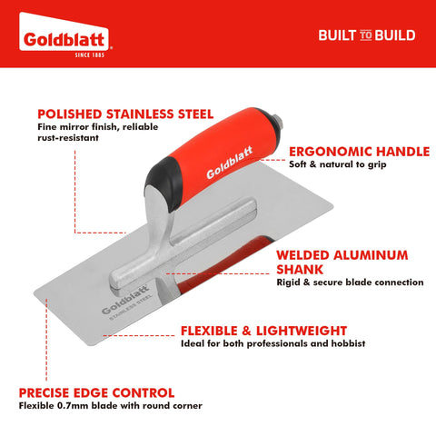 Goldblatt trowel set with stainless steel blades ensures rust resistance and easy cleanup.