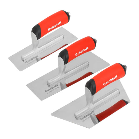 Goldblatt venetian plaster trowel with trapezoid blade offers wide coverage and precision for smooth finishes.