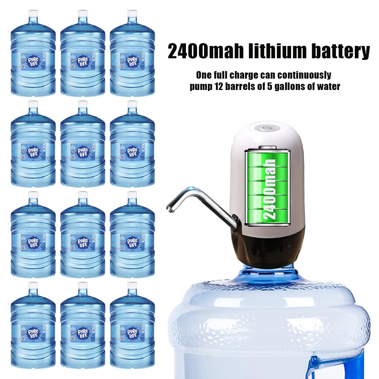 Golden Andes 5-gallon dispenser battery delivers multiple fills per charge.