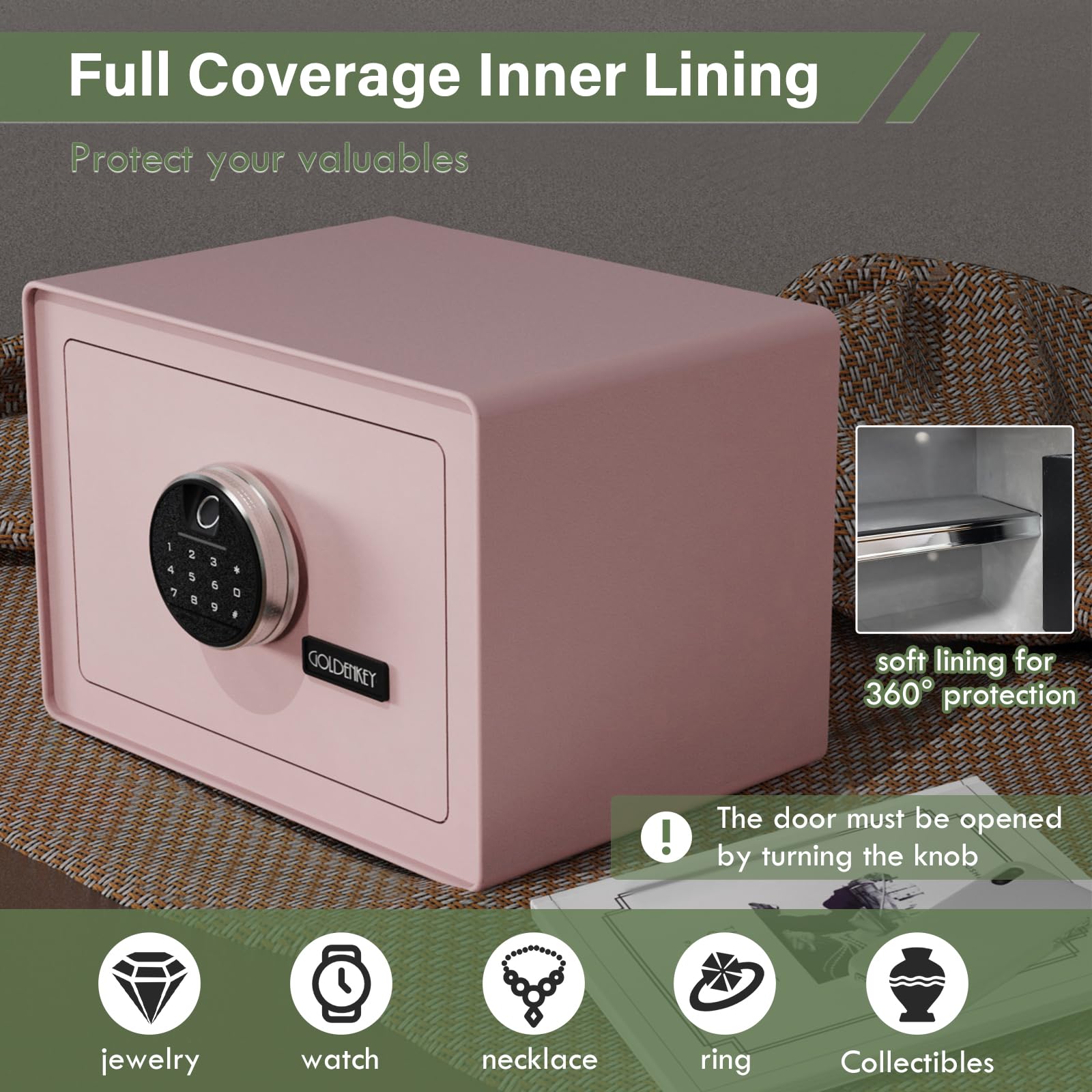 GoldenKey safe interior with velvet lining protects jewelry from scratches.
