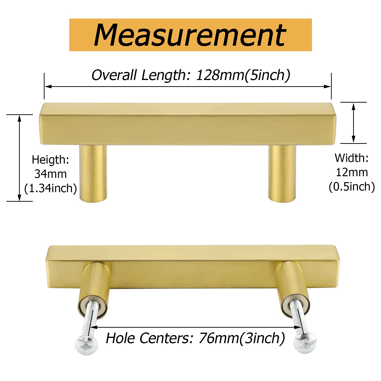 Goldenwarm 3-inch brushed brass drawer pull close-up for premium hardware.