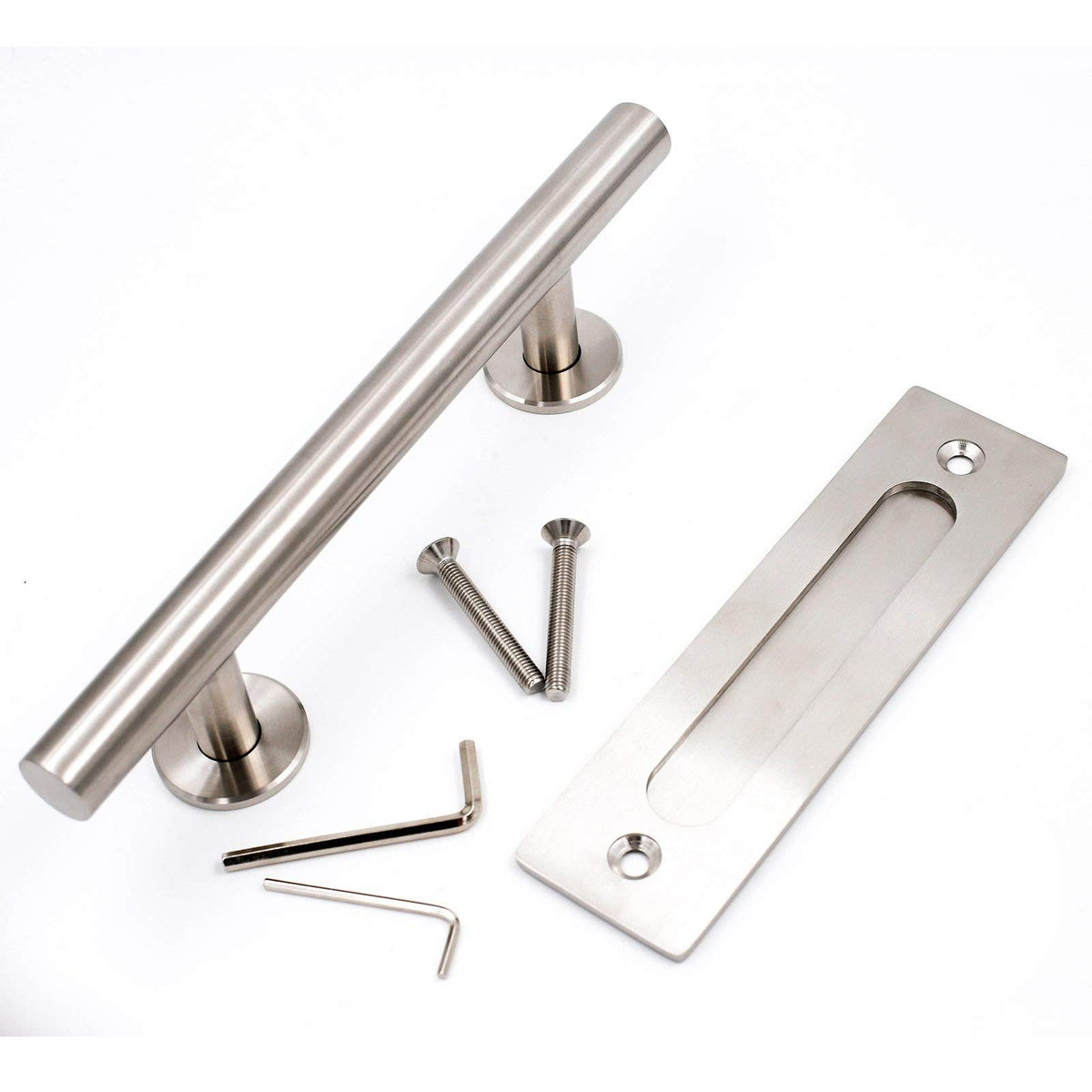 Goldenwarm barn door handle with oval pull in brushed nickel for smooth grip.
