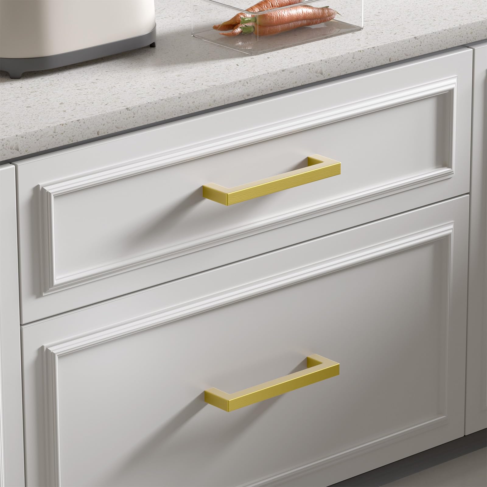 Goldenwarm brushed brass cabinet hardware enhances cabinet fronts.