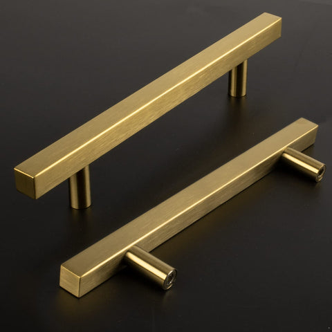 Goldenwarm brushed-brass kitchen cabinet pulls add warm elegance to spaces