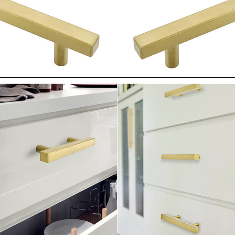 Goldenwarm brushed brass pulls show hollow sturdy construction, easy to install.