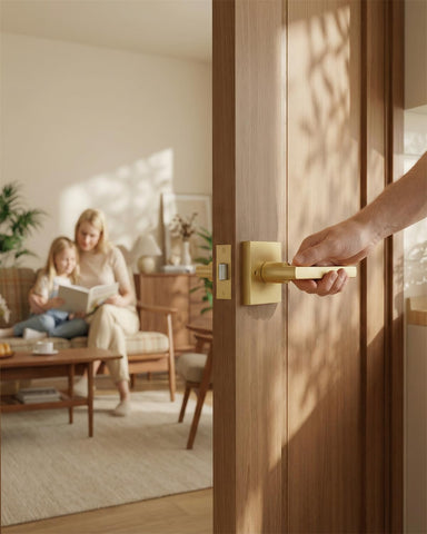 Goldenwarm brushed gold privacy lever, square design ideal for bathroom interior doors