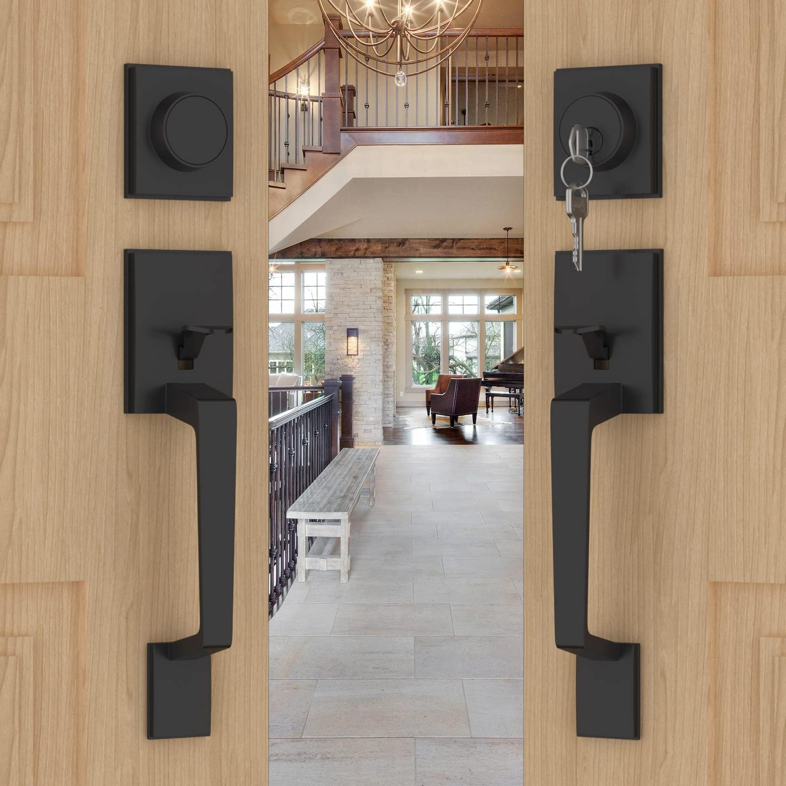 Goldenwarm double front door lock set in matte black boosts curb appeal and durability.