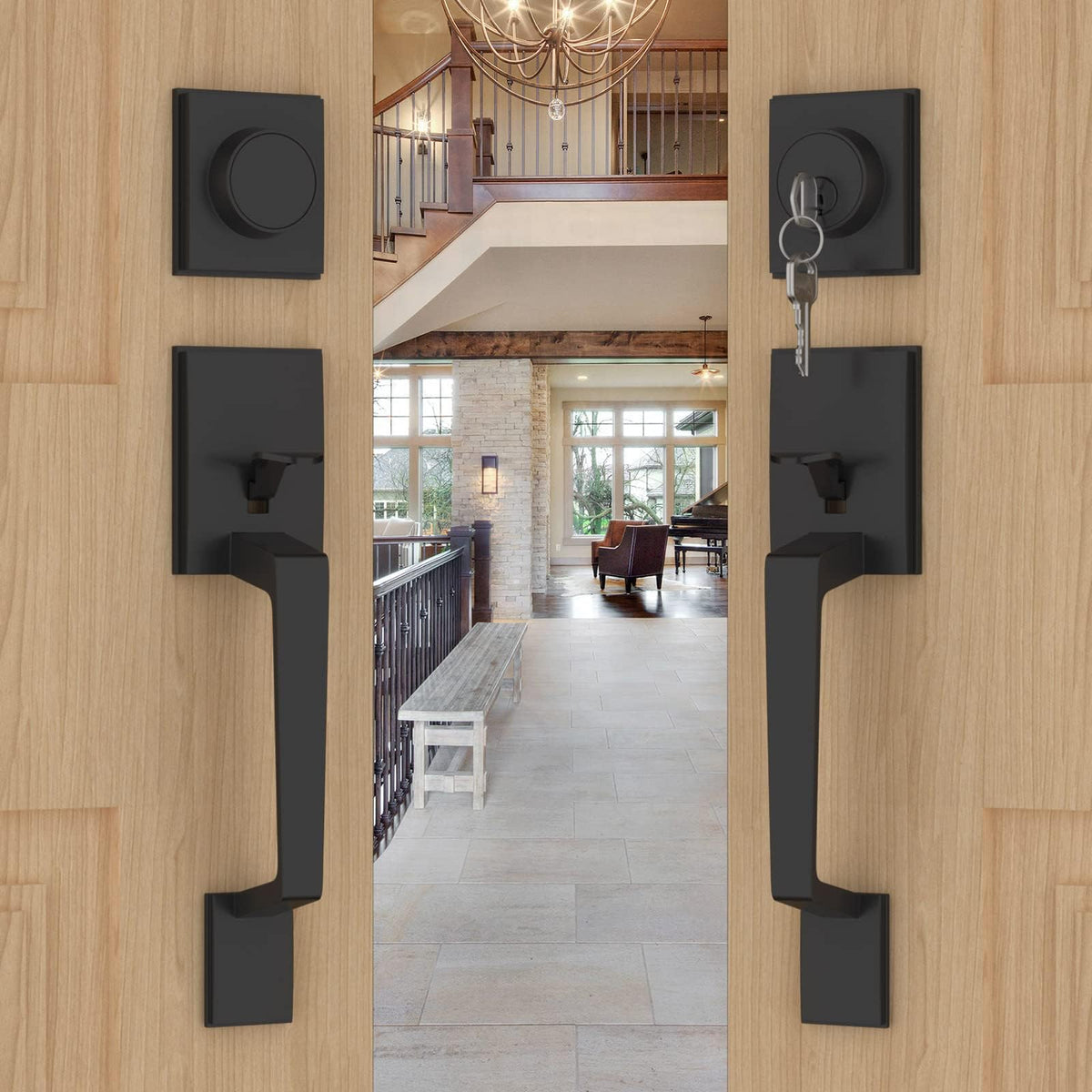Goldenwarm double front door lock set in matte black boosts curb appeal and durability.