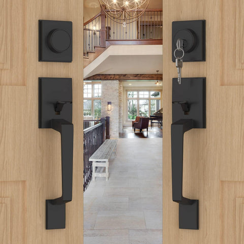 Goldenwarm double front door lock set in matte black boosts curb appeal and durability.