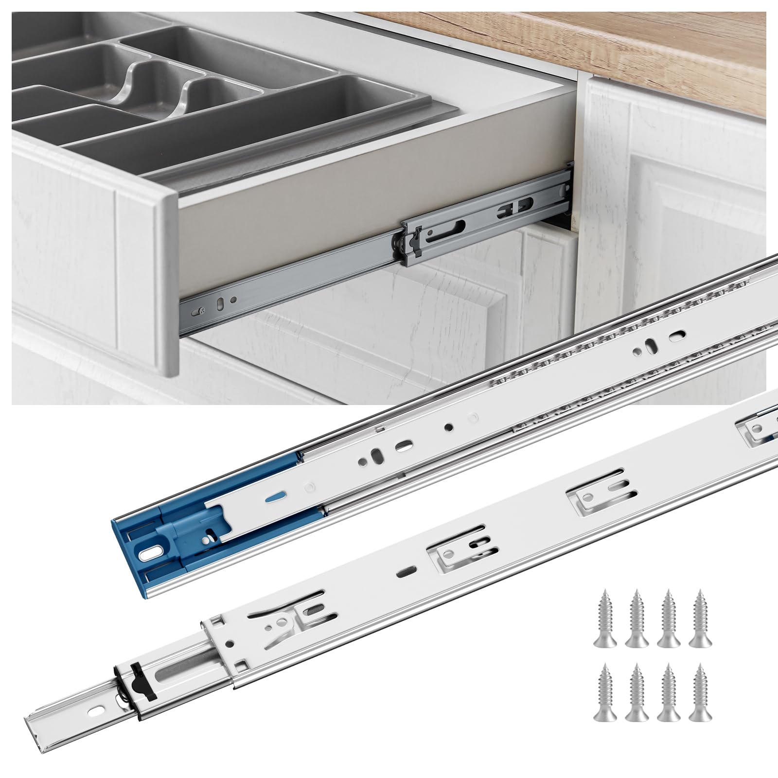 Goldenwarm soft-close drawer slides with full extension for easy kitchen access.