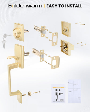 Goldenwarm front-door hardware on a doorway demonstrates robust construction