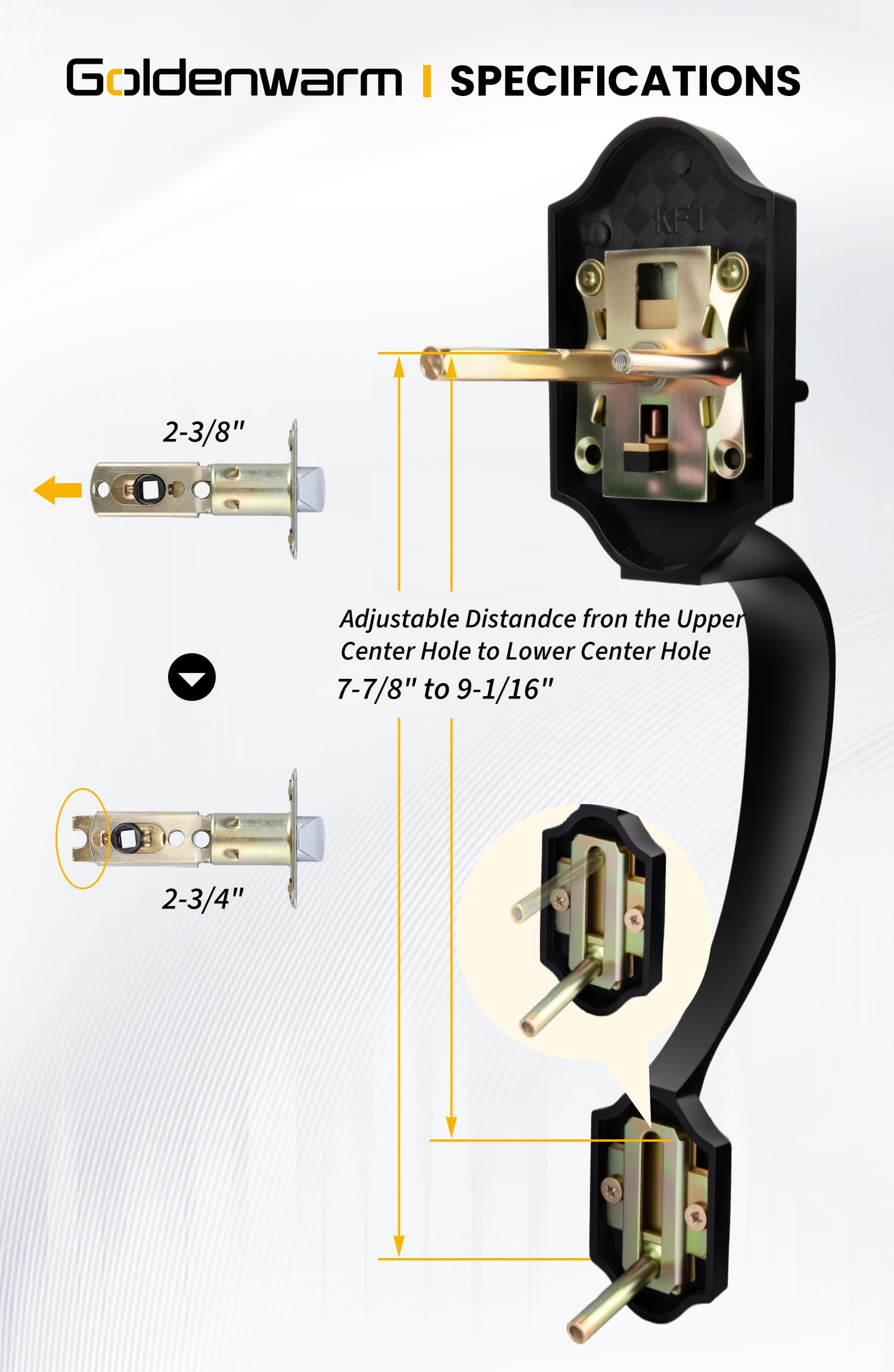 Goldenwarm Front Door Handle installation guide illustrating screwdriver-only setup