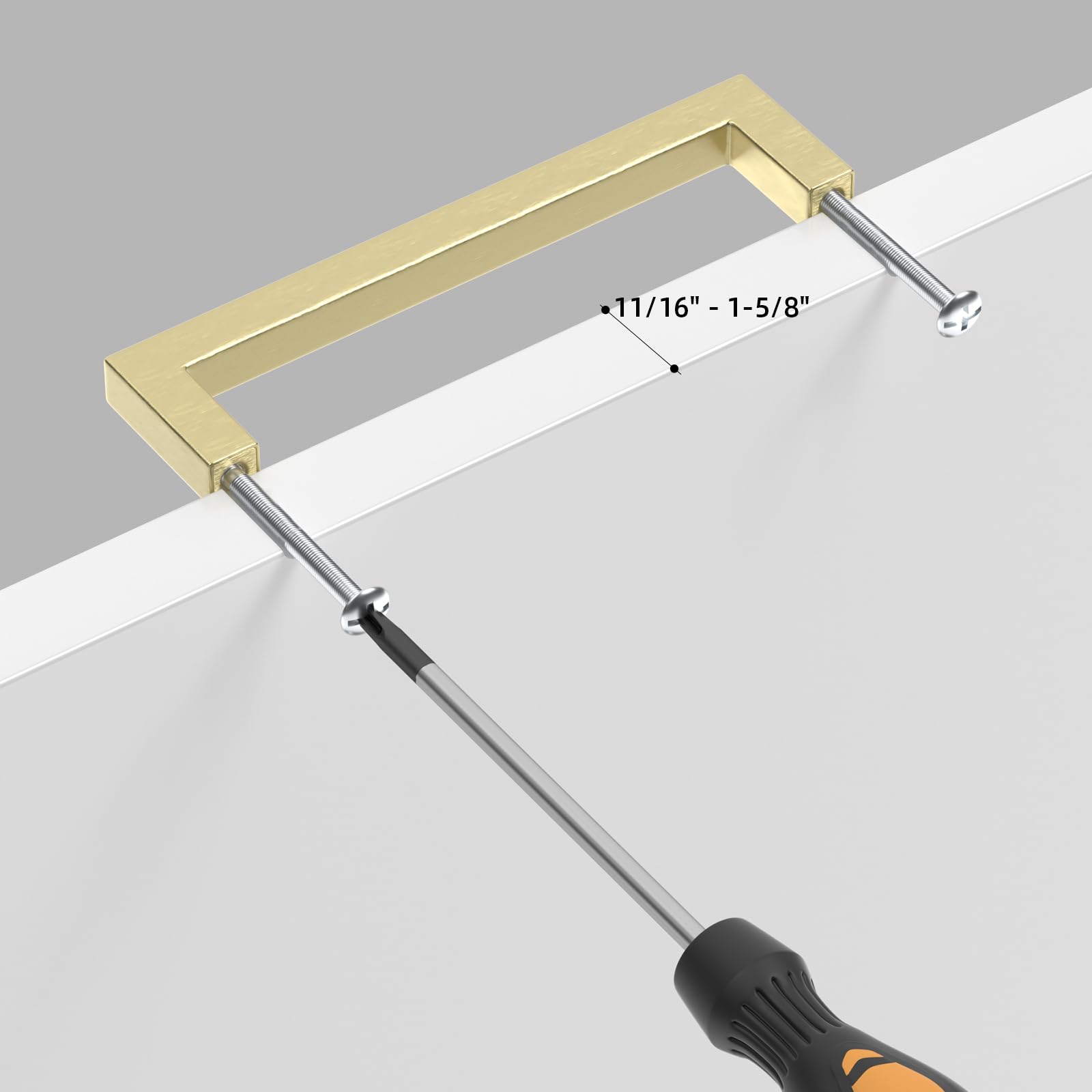 Goldenwarm gold cabinet pulls arranged in a row for kitchen display.