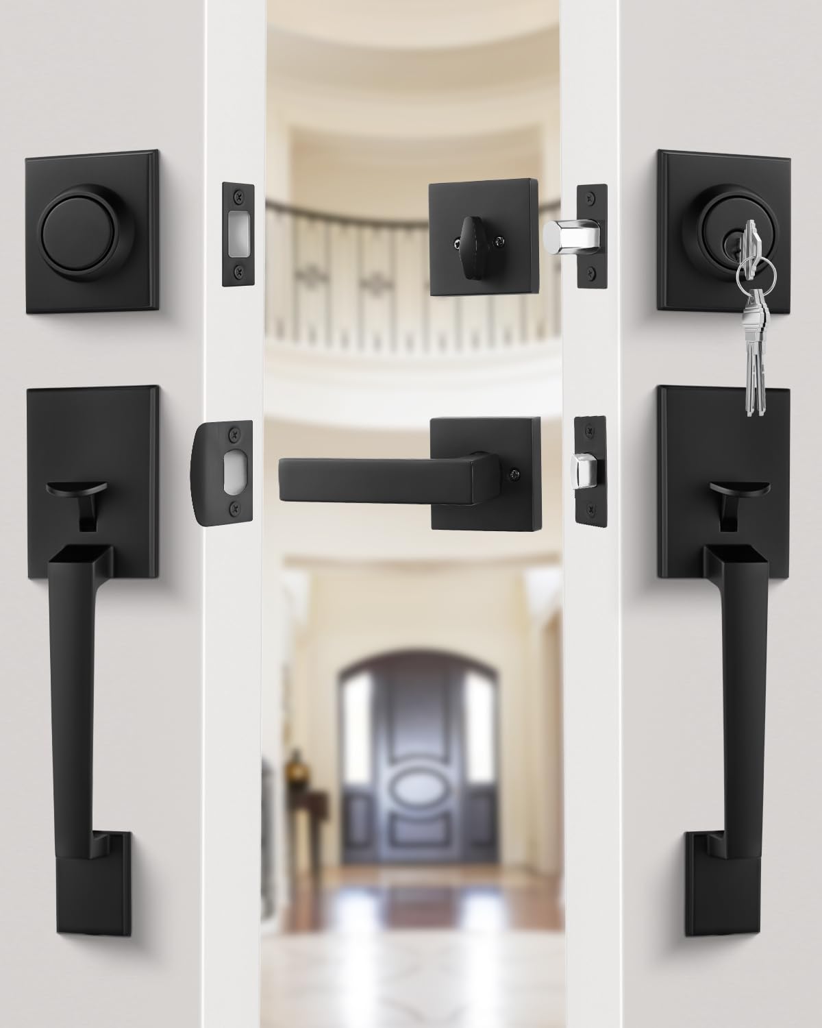 Goldenwarm matte black double door handle with dummy adds balanced, elegant symmetry.