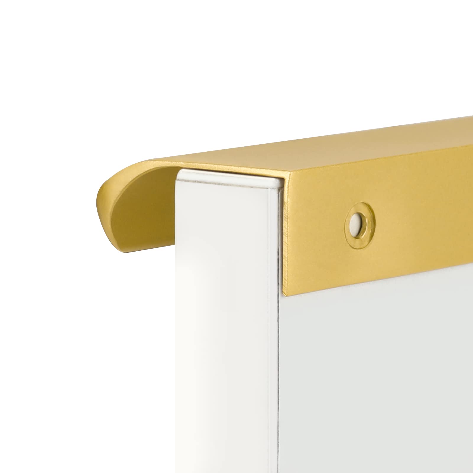 Goldenwarm matte gold pull detail for sleek kitchen drawers and doors.