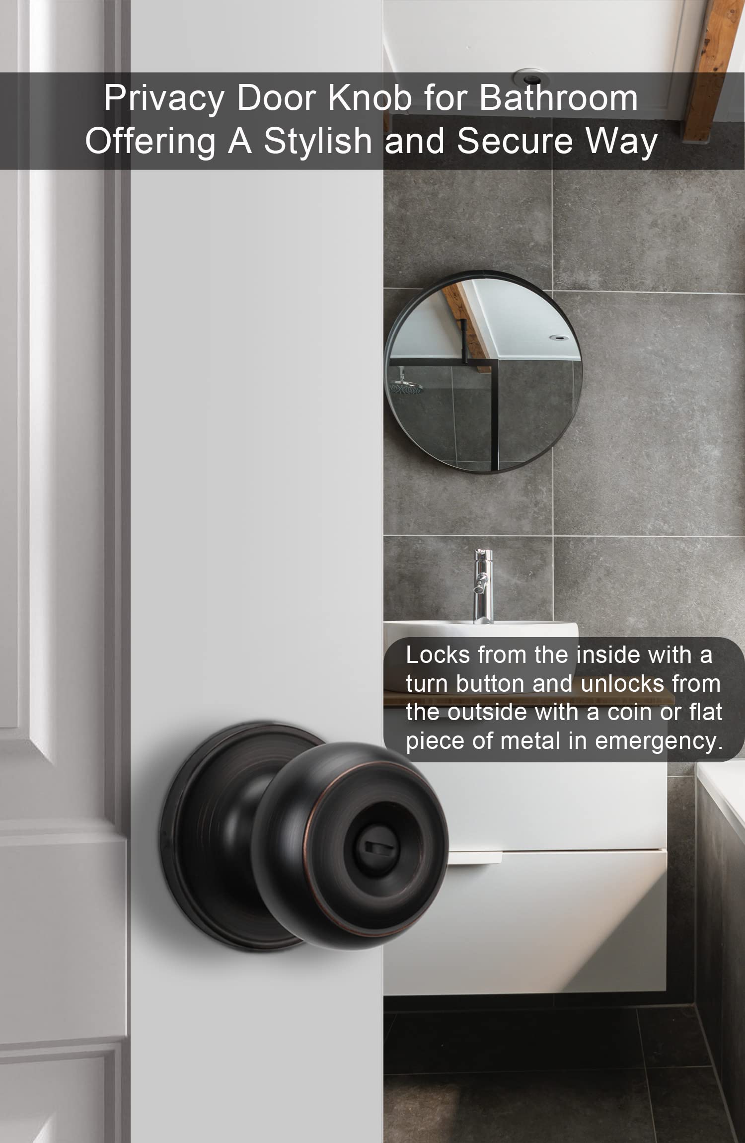 Goldenwarm oil-rubbed bronze door knob installed on a door demonstrating privacy feature.