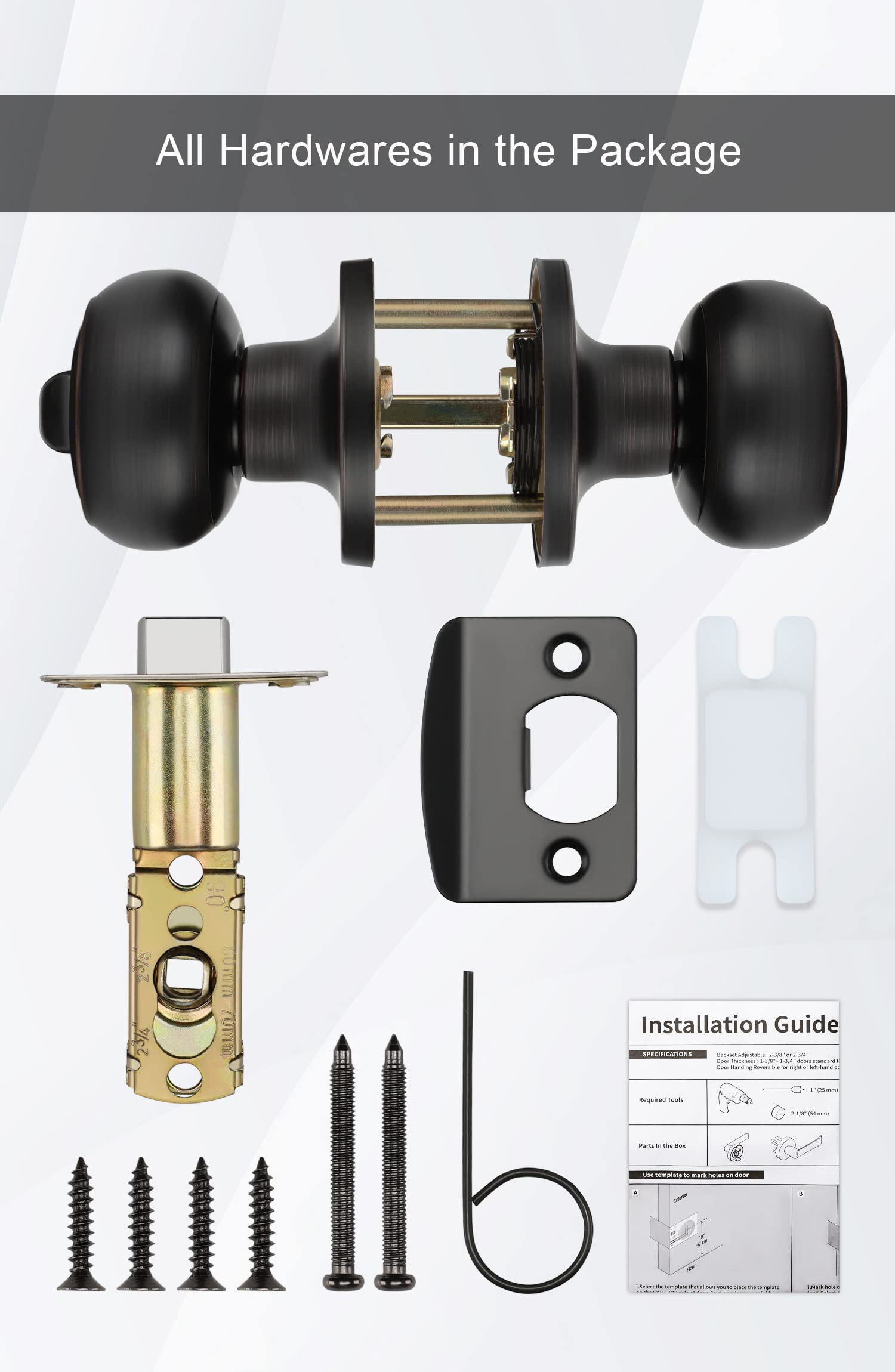 Goldenwarm oil-rubbed bronze door knob kit with installation guide included.