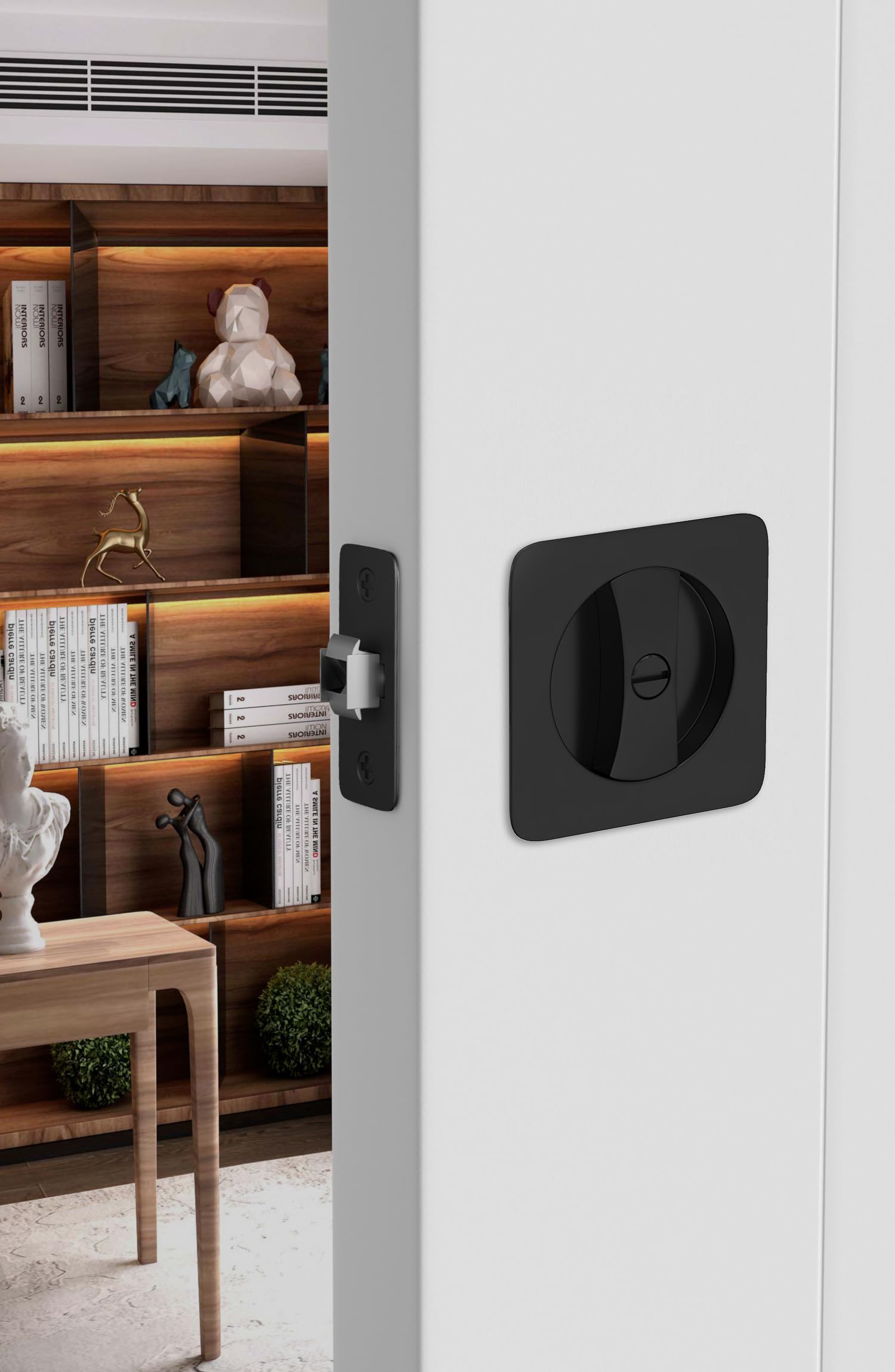 Goldenwarm privacy pocket door lock in bathroom setting, ideal for moisture-prone spaces.