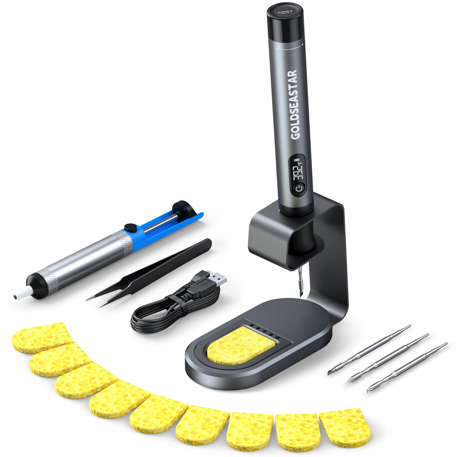 GOLDSEASTAR cordless soldering iron kit on a workbench for quick field repairs.