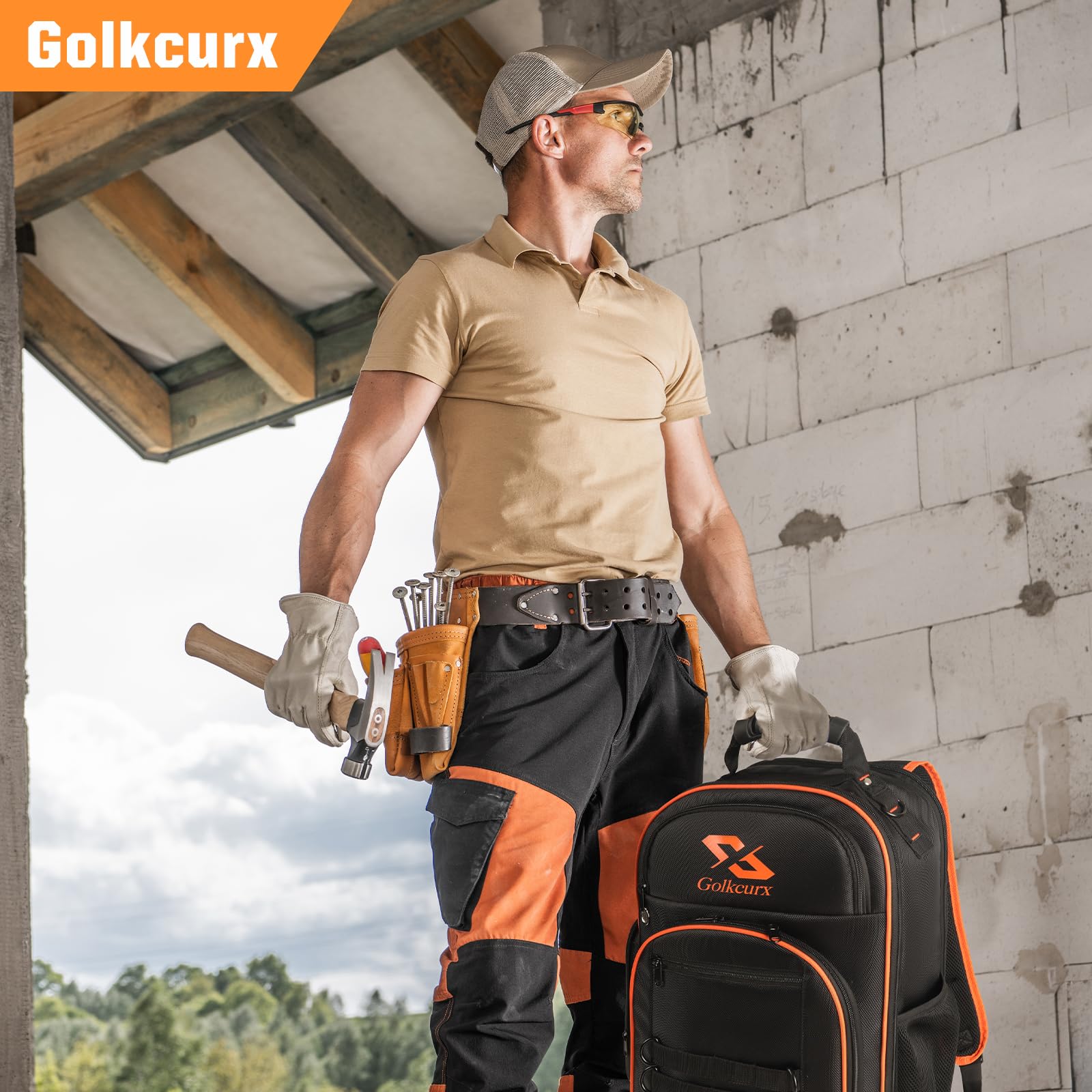 Golkcurx Tool Backpack rugged molded base protects tools on rough job sites.