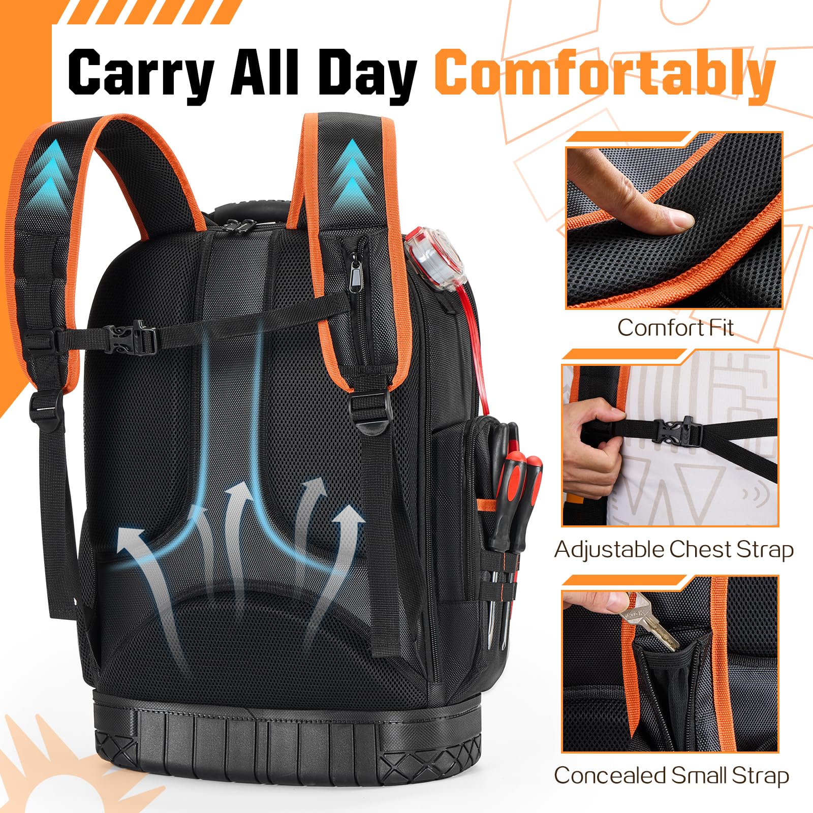 Golkcurx Tool Backpack pull-out tool holder speeds access to essentials.