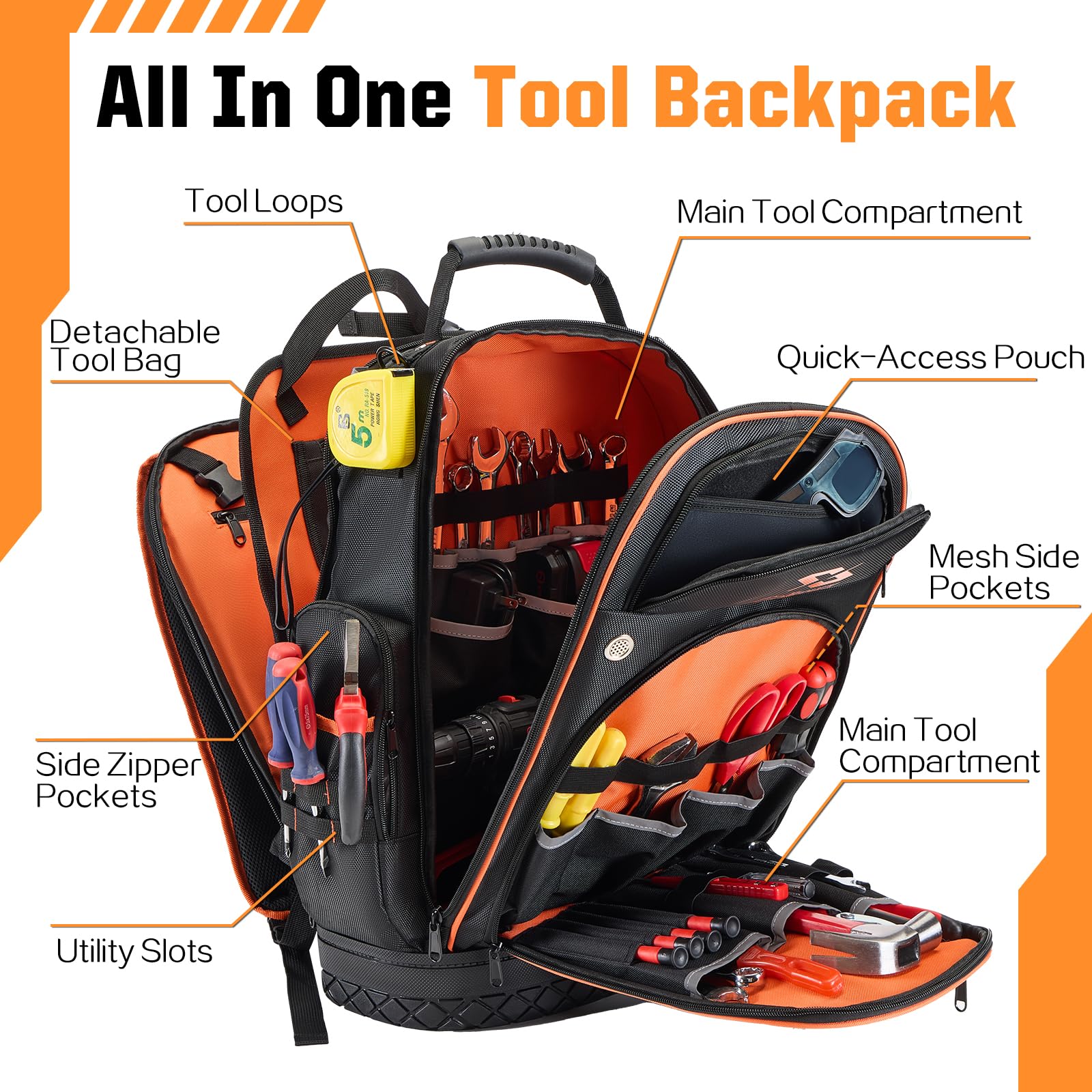 Golkcurx Tool Backpack offers spacious internal storage for electricians' tools.