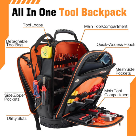 Golkcurx Tool Backpack offers spacious internal storage for electricians' tools.