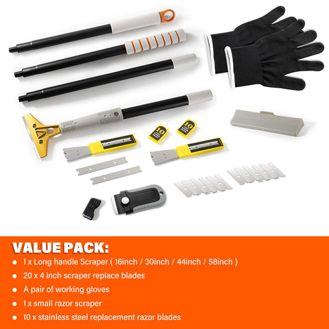 Gomake adjustable handle scraper extended from 16 to 58 inches for versatile reach.