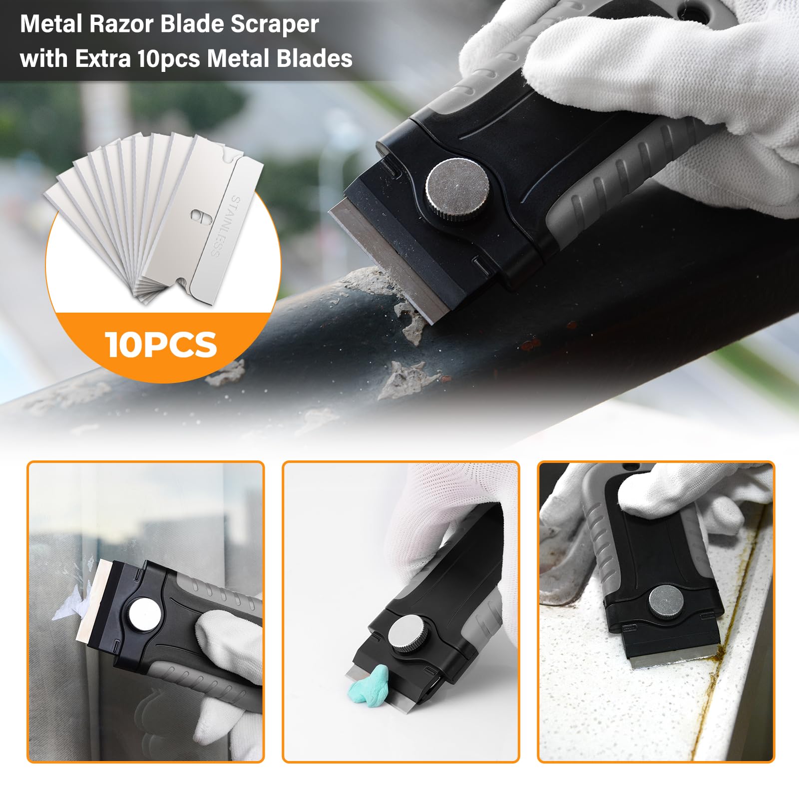 Gomake glass and tile scraper for efficient paint removal on tough surfaces.