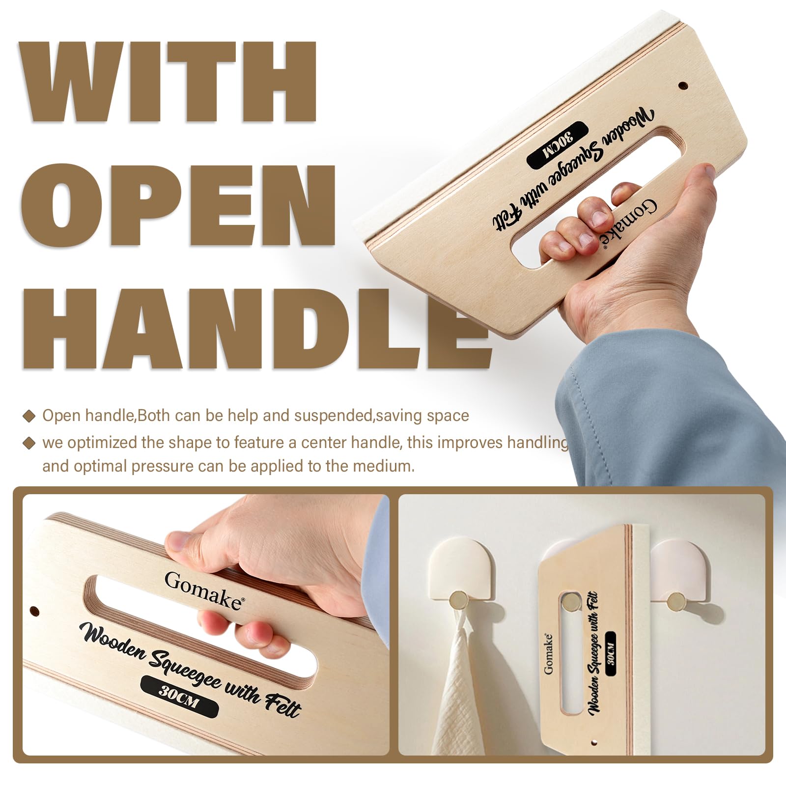 Gomake large wooden squeegee protects surfaces with a soft felt edge.