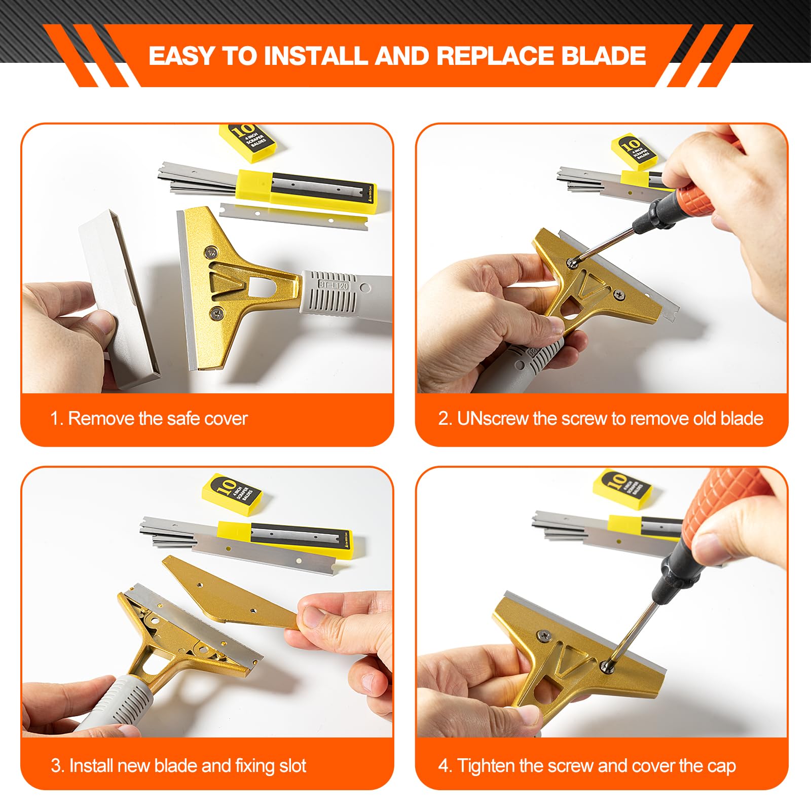 Gomake multi-surface scraper in action on walls, floors, and glass.
